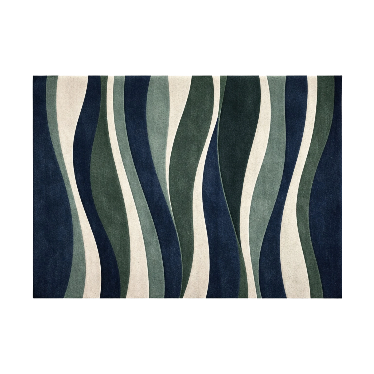 A rectangular area rug with a modern abstract design of wavy vertical stripes in navy blue, forest green, sage green, and cream, shown flat against a plain white background.