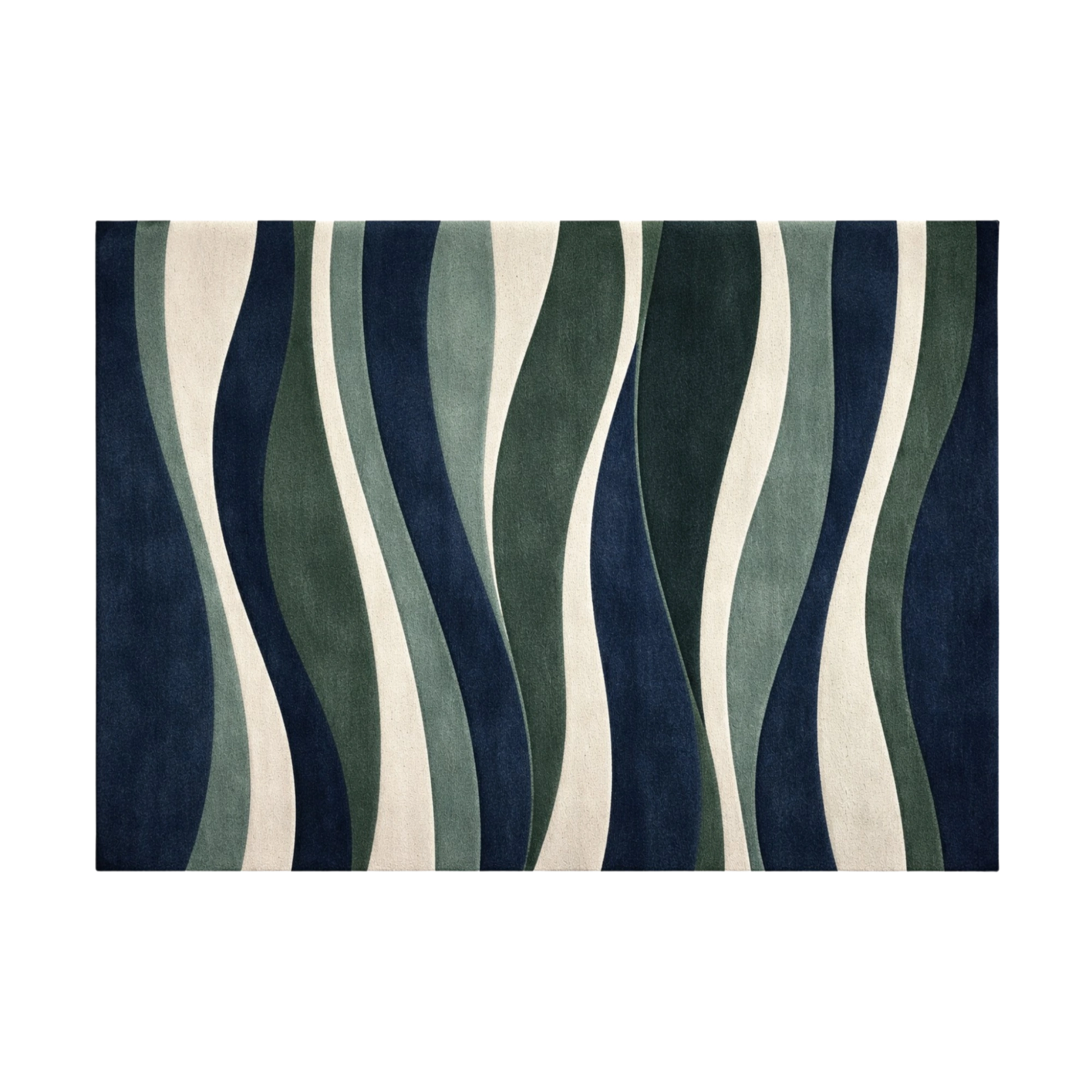 A rectangular area rug with a modern abstract design of wavy vertical stripes in navy blue, forest green, sage green, and cream, shown flat against a plain white background.