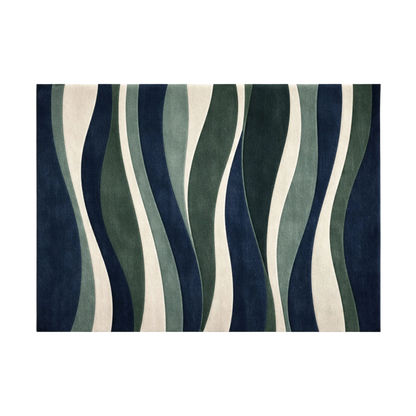 A rectangular area rug with a modern abstract design of wavy vertical stripes in navy blue, forest green, sage green, and cream, shown flat against a plain white background.