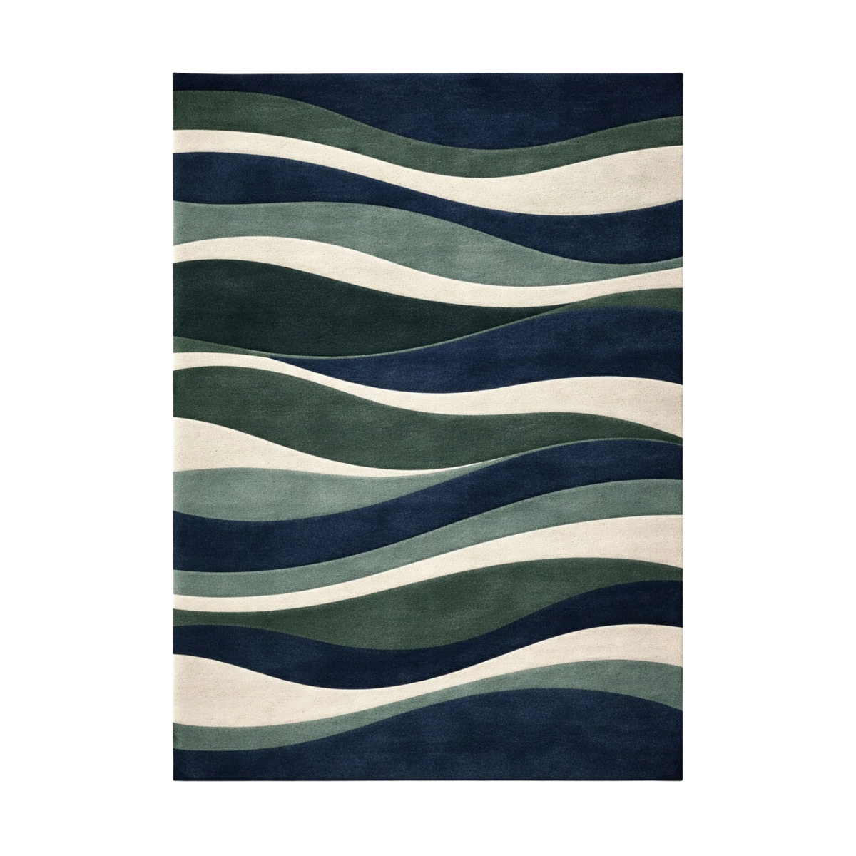 A rectangular area rug with a modern abstract design of wavy, flowing horizontal stripes in navy blue, forest green, slate blue, and cream.