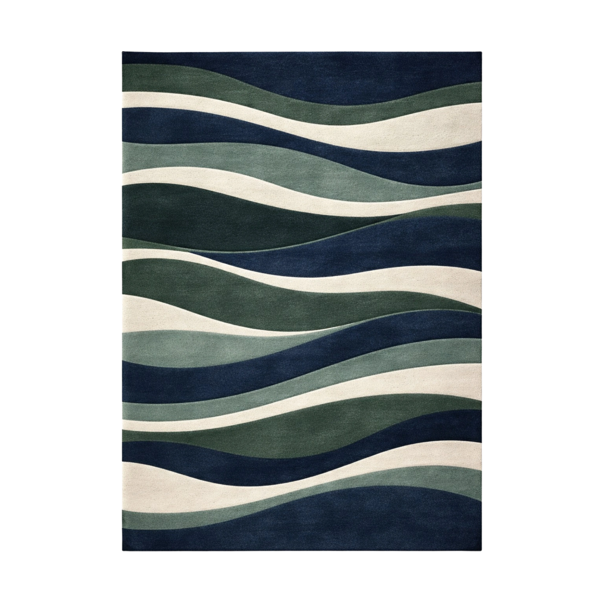 A rectangular area rug with a modern abstract design of wavy, flowing horizontal stripes in navy blue, forest green, slate blue, and cream.