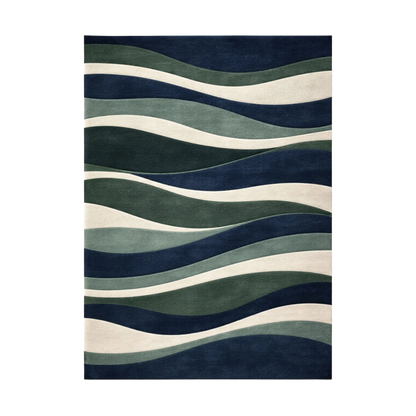 A rectangular area rug with a modern abstract design of wavy, flowing horizontal stripes in navy blue, forest green, slate blue, and cream.