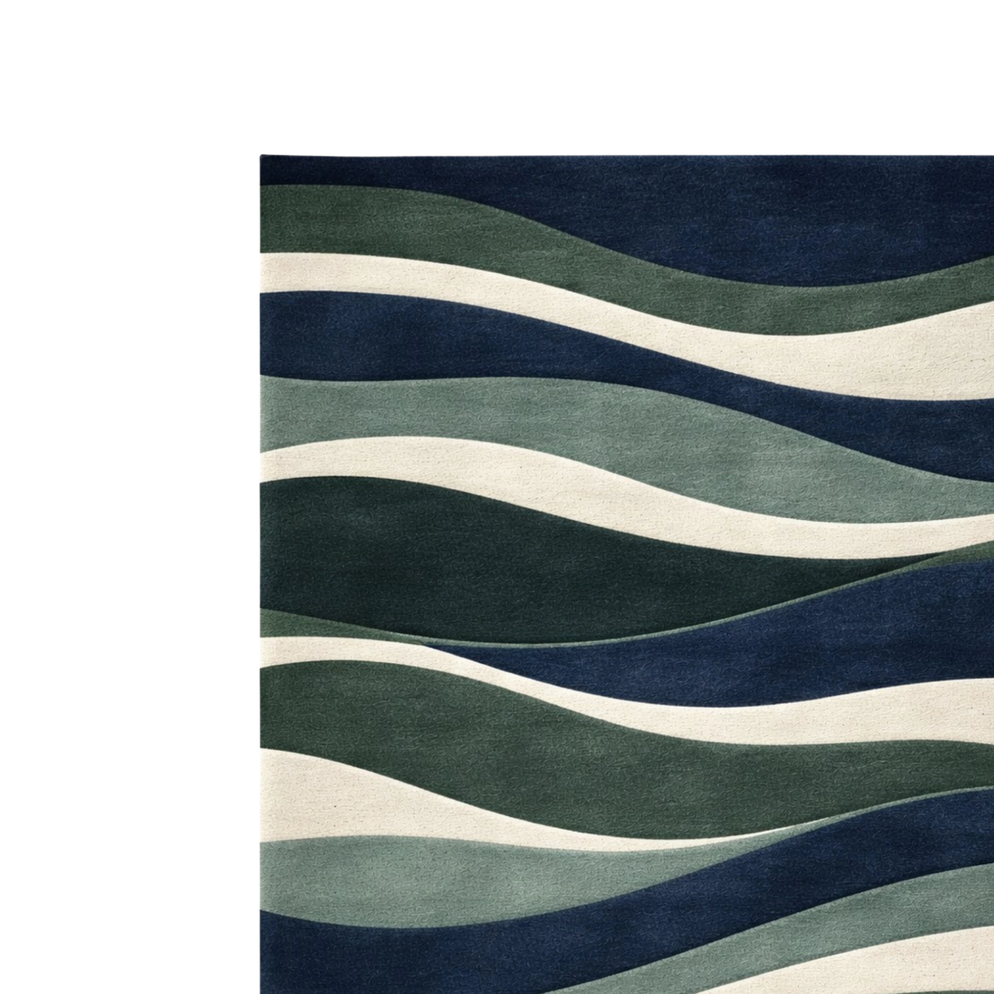 A close-up of a textured area rug featuring a wavy, layered pattern in navy blue, forest green, sage green, and cream.