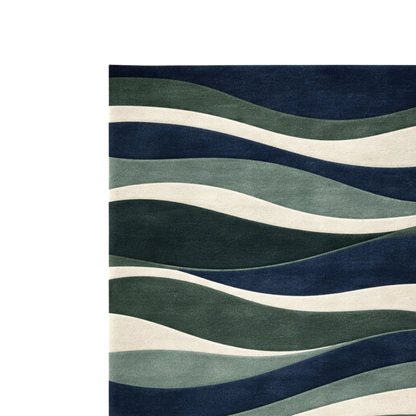 A close-up of a textured area rug featuring a wavy, layered pattern in navy blue, forest green, sage green, and cream.