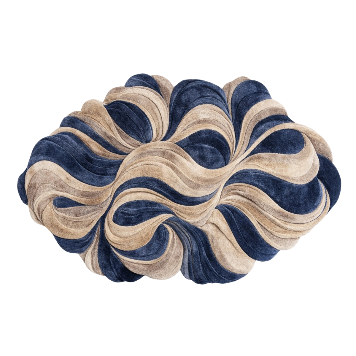 A sculptural, cloud-like decorative cushion or pouf with layered, wavy ruffles in navy blue and beige velvet, isolated on a white background.
