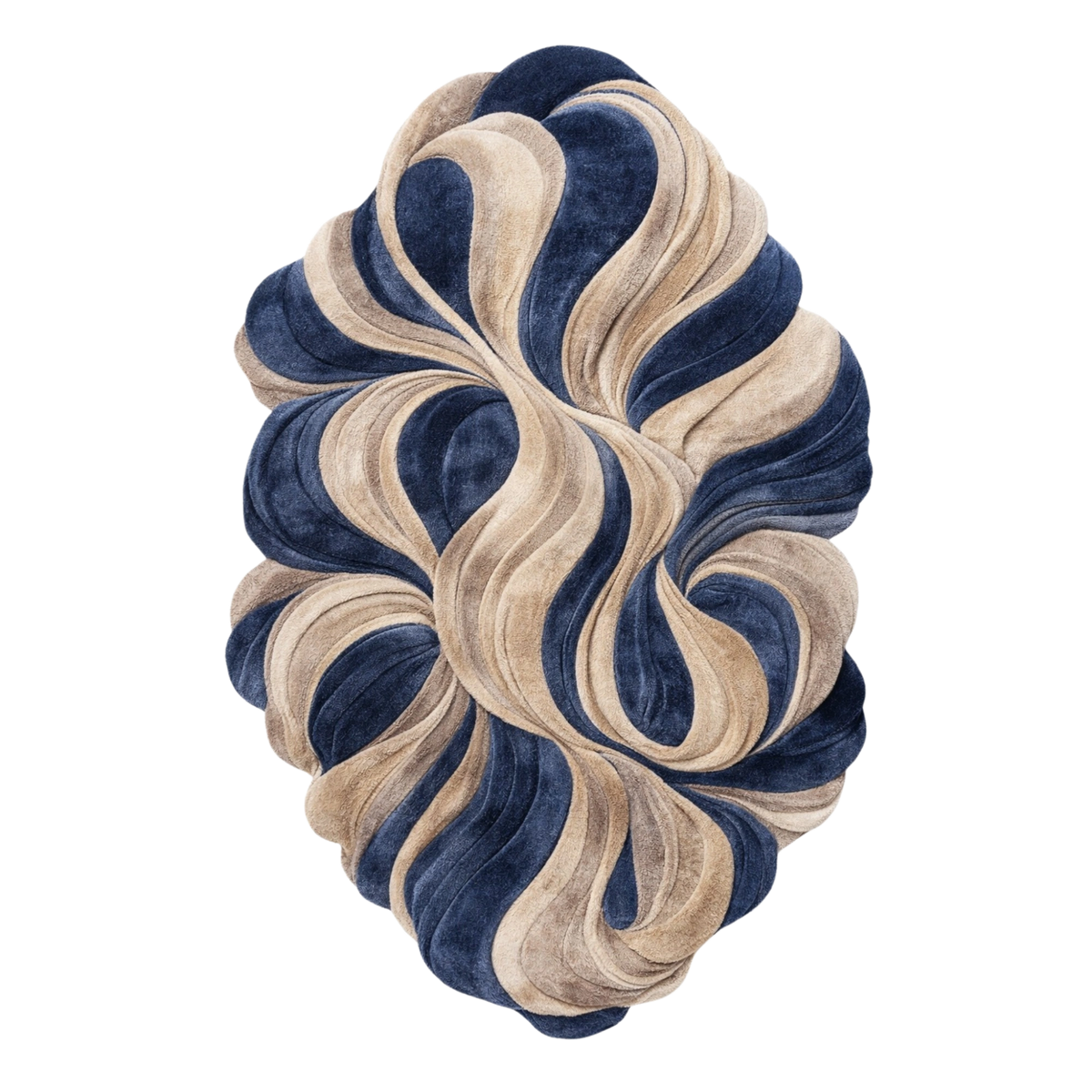 An oval-shaped plush velvet throw pillow featuring a marbled swirl pattern in navy blue and beige, isolated on a solid white background.