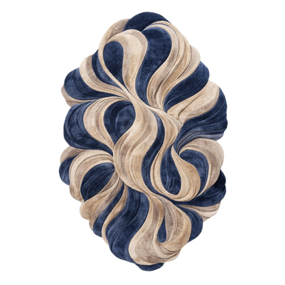An oval-shaped plush velvet throw pillow featuring a marbled swirl pattern in navy blue and beige, isolated on a solid white background.
