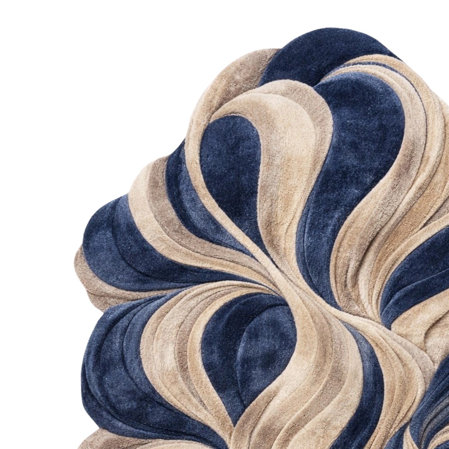 A close-up of a plush velvet fabric with a wavy, layered pattern in navy blue and warm beige, isolated on a white background.