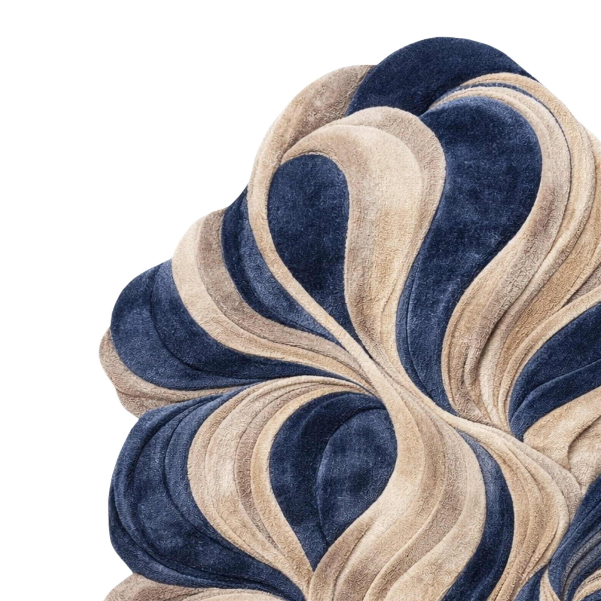 A close-up of a plush velvet fabric with a wavy, layered pattern in navy blue and warm beige, isolated on a white background.