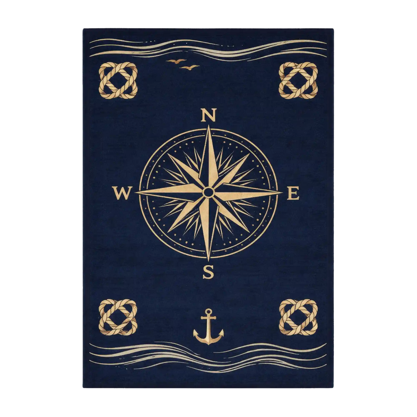 A rectangular navy blue rug featuring a large gold compass rose in the center, with nautical wave lines, knots, birds, and an anchor in gold.