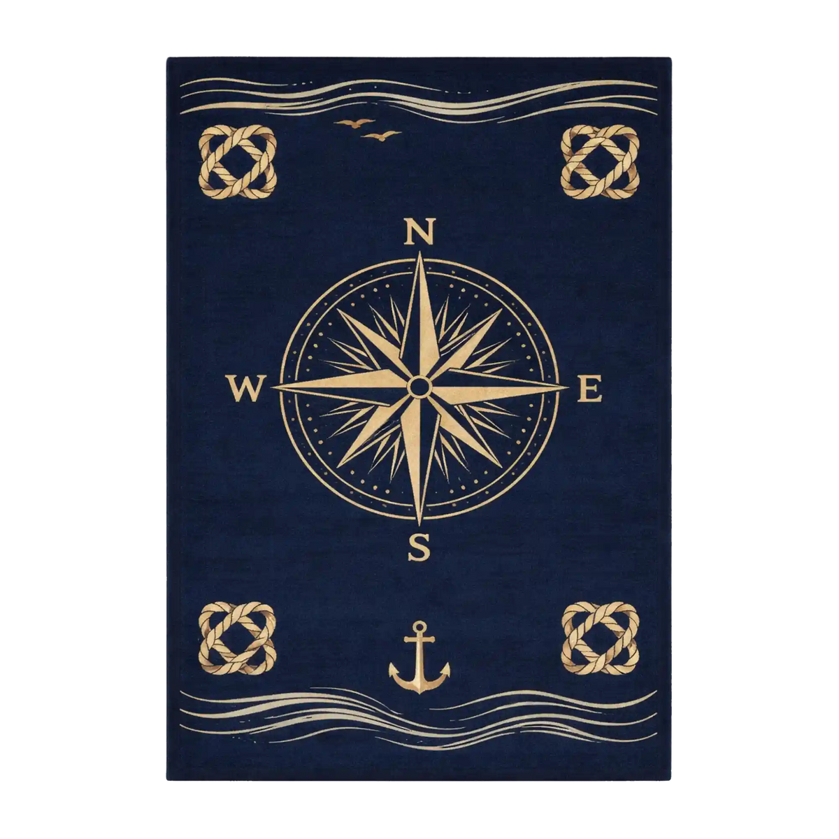 A rectangular navy blue rug featuring a large gold compass rose in the center, with nautical wave lines, knots, birds, and an anchor in gold.