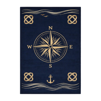 A rectangular navy blue rug featuring a large gold compass rose in the center, with nautical wave lines, knots, birds, and an anchor in gold.