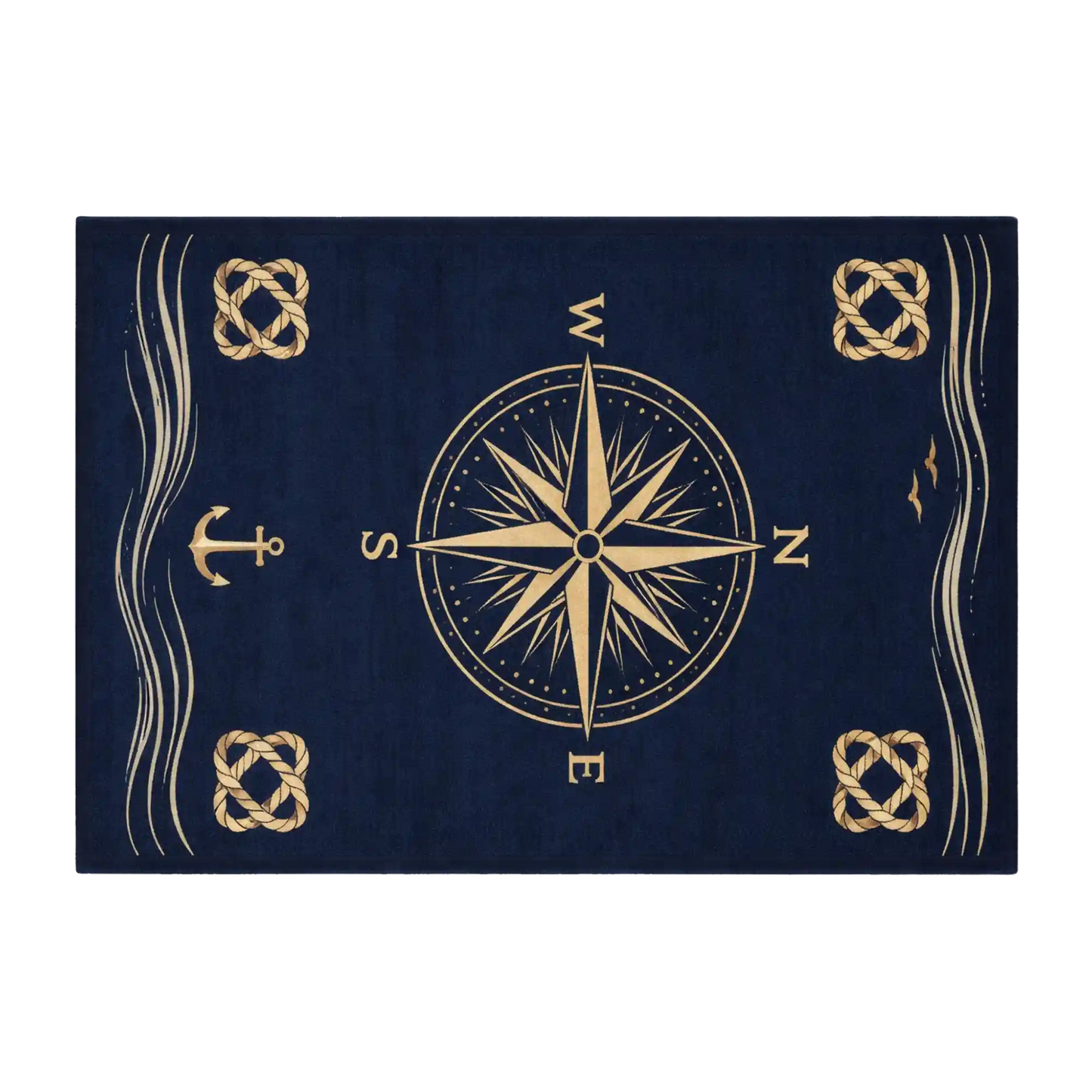 A rectangular navy blue rug featuring a gold compass rose at the center, surrounded by nautical motifs including an anchor, four Celtic knot squares, and wavy lines, shown on a plain white background.