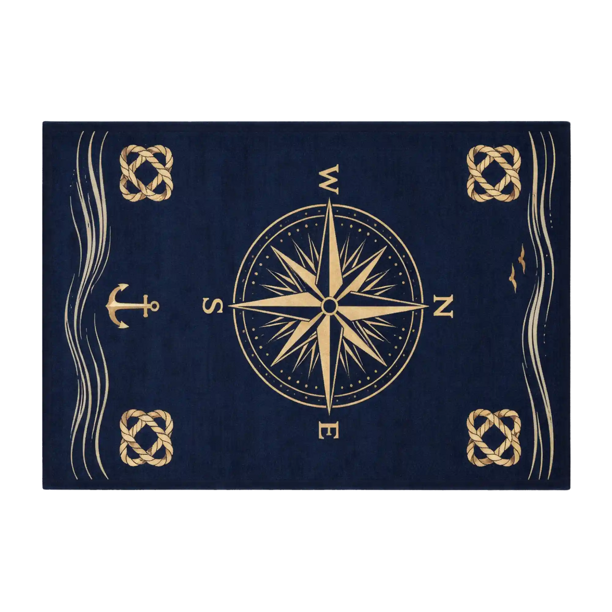 A rectangular navy blue rug featuring a gold compass rose at the center, surrounded by nautical motifs including an anchor, four Celtic knot squares, and wavy lines, shown on a plain white background.