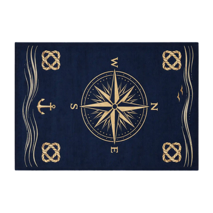 A rectangular navy blue rug featuring a gold compass rose at the center, surrounded by nautical motifs including an anchor, four Celtic knot squares, and wavy lines, shown on a plain white background.