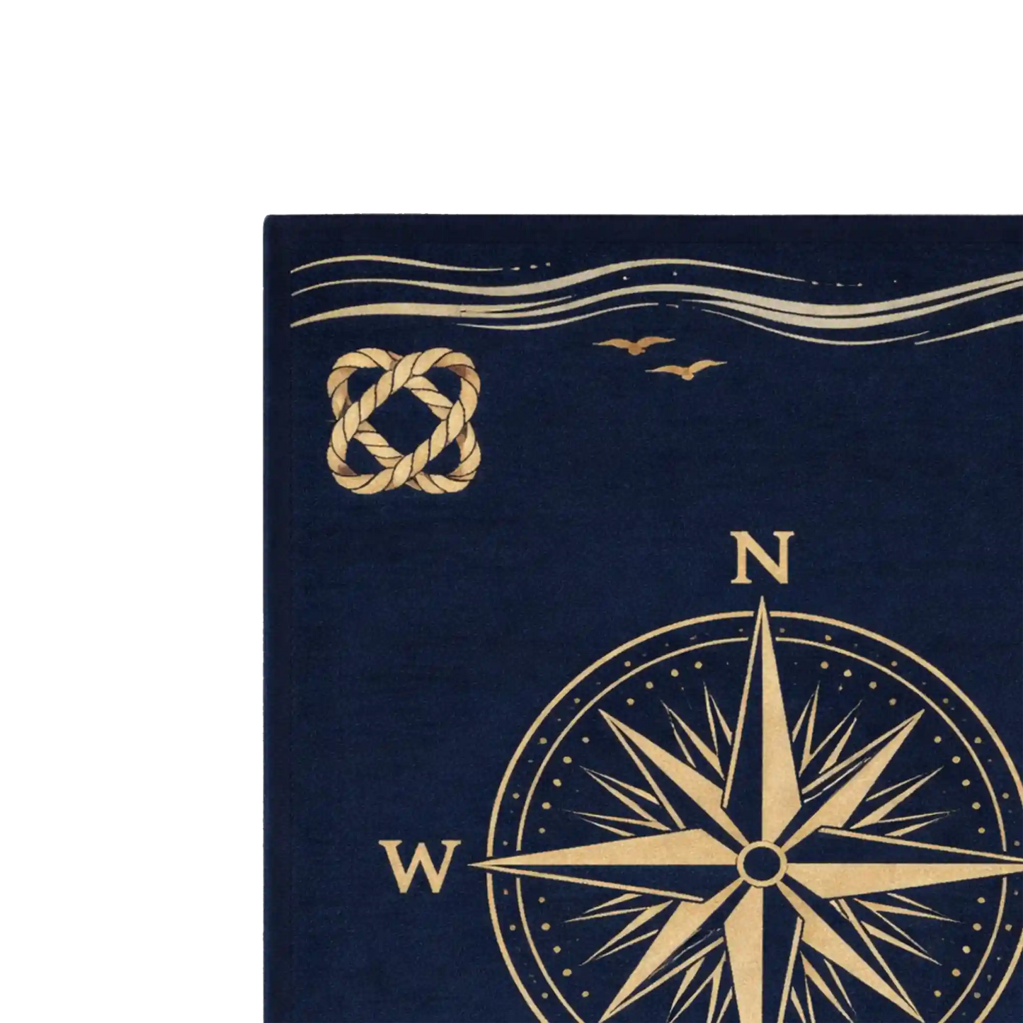 A close-up of a navy blue rug featuring a gold compass rose, a gold rope knot motif, and two small birds above wavy lines, shown against a white background.