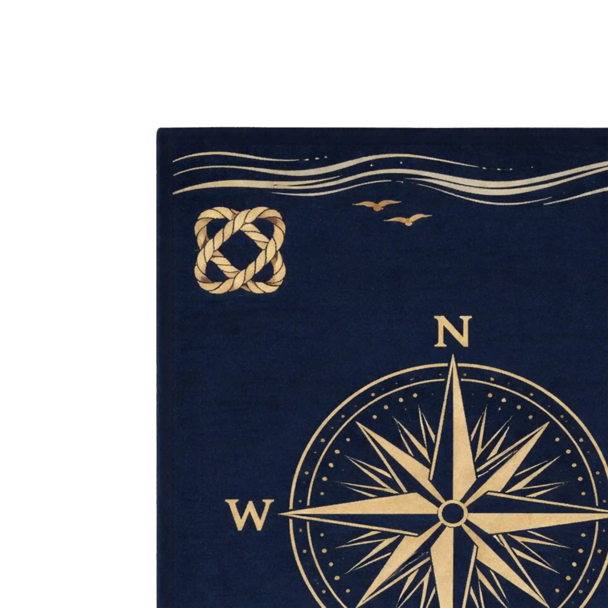 A close-up of a navy blue rug featuring a gold compass rose, a gold rope knot motif, and two small birds above wavy lines, shown against a white background.