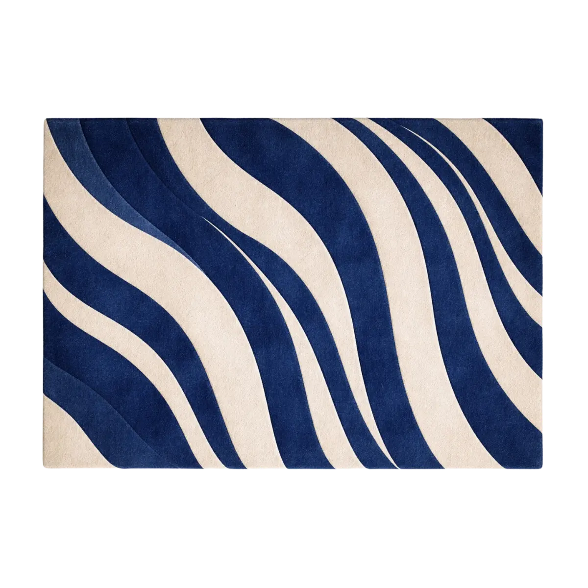 A rectangular area rug with a modern wavy zebra-like pattern in navy blue and cream, shown flat against a plain white background.