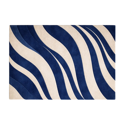 A rectangular area rug with a modern wavy zebra-like pattern in navy blue and cream, shown flat against a plain white background.