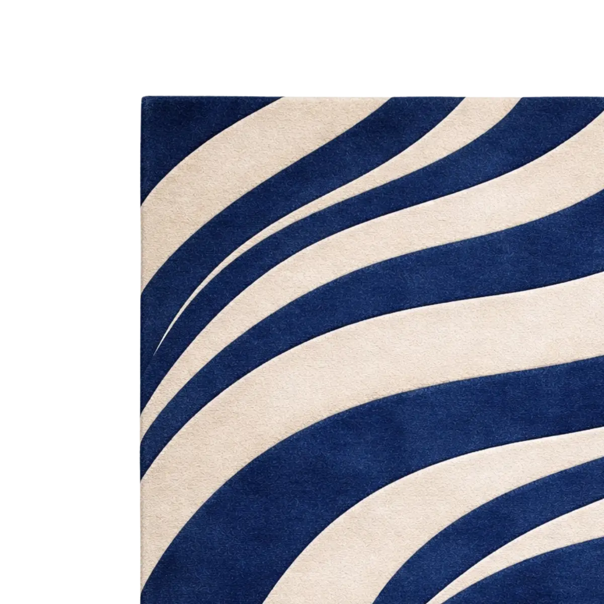A close-up of a rug or textile with bold wavy stripes in deep navy blue and warm cream, shown against a white background.