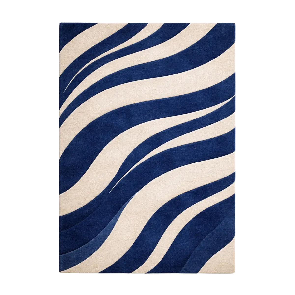 A rectangular area rug with a modern abstract pattern of flowing, wavy stripes in navy blue and cream, shown flat against a solid white background.