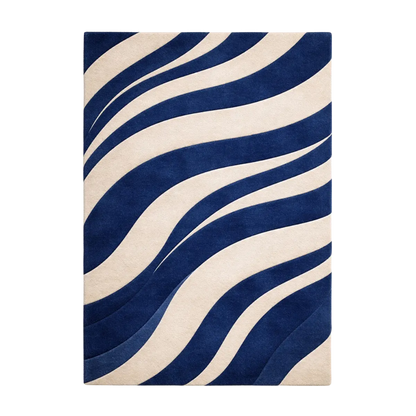A rectangular area rug with a modern abstract pattern of flowing, wavy stripes in navy blue and cream, shown flat against a solid white background.