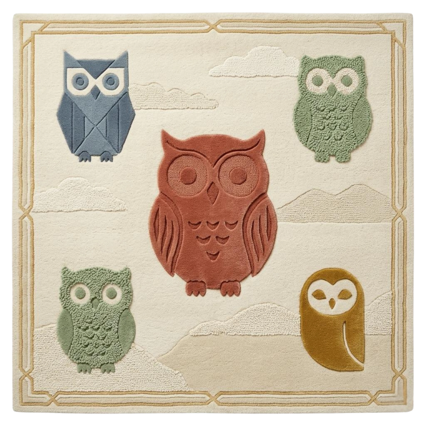 Owl motif hand tufted wool area rug for kids room, multicolor modern nursery rug with textured design and soft plush finish
