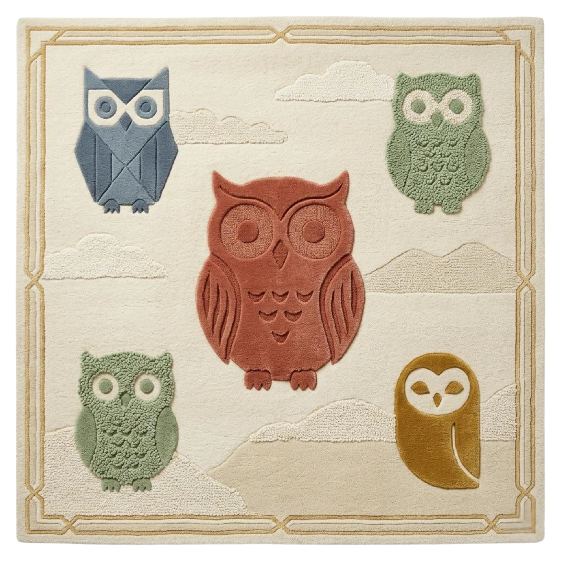 Owl motif hand tufted wool area rug for kids room, multicolor modern nursery rug with textured design and soft plush finish