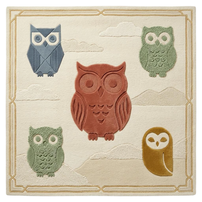 Owl motif hand tufted wool area rug for kids room, multicolor modern nursery rug with textured design and soft plush finish