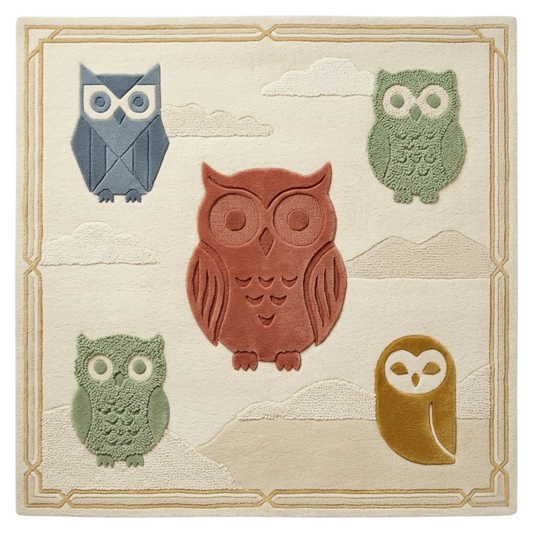 Owl motif hand tufted wool area rug for kids room, multicolor modern nursery rug with textured design and soft plush finish