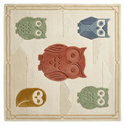 Cute owl themed hand tufted wool rug for nursery and kids bedroom, soft textured area rug with neutral tones for modern home decor