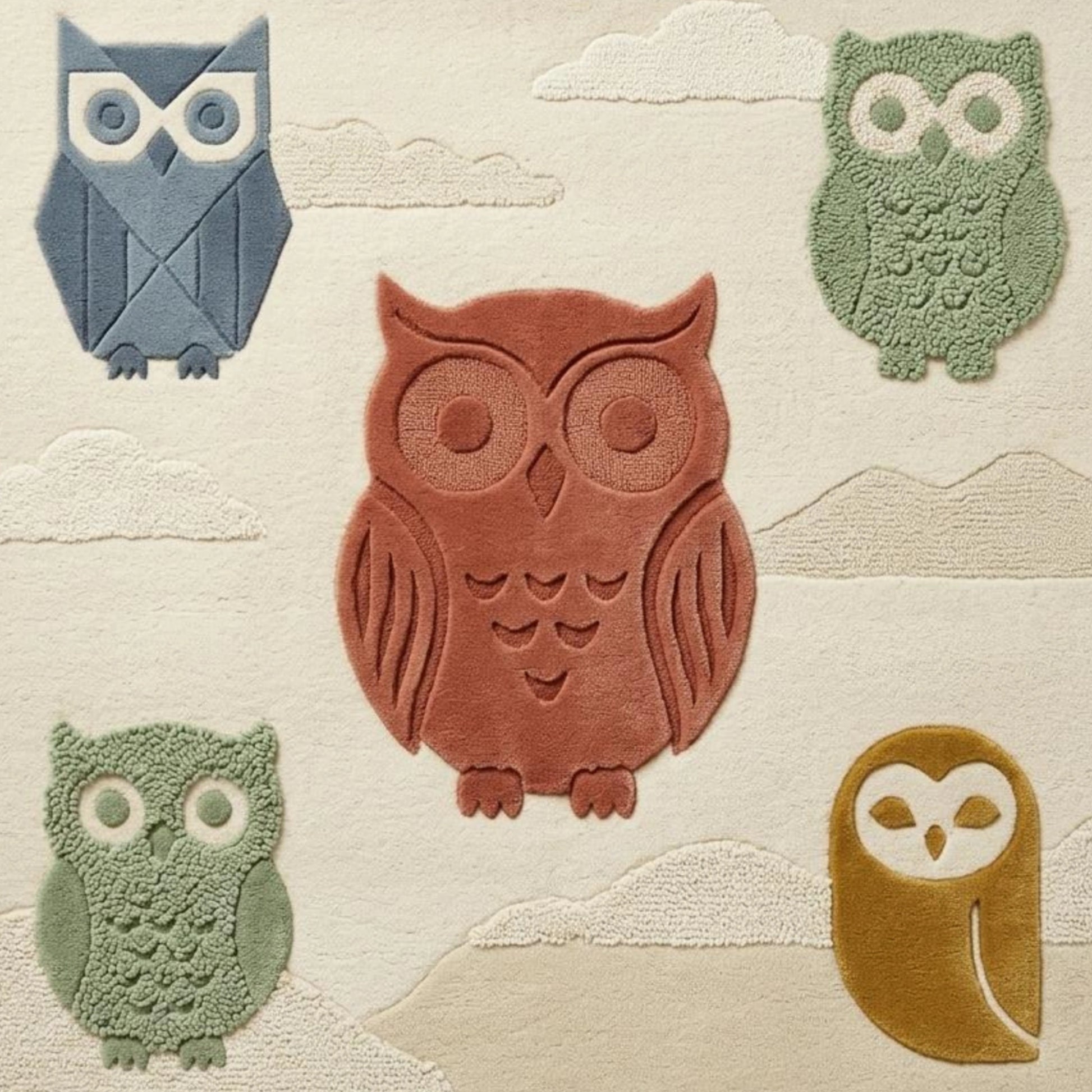 Multicolor owl design hand tufted wool area rug, playful kids rug with high-low texture for nursery, playroom and cozy interiors