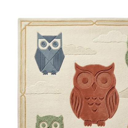 Premium owl pattern hand tufted wool rug for kids room, soft plush nursery area rug with artistic animal design and neutral background