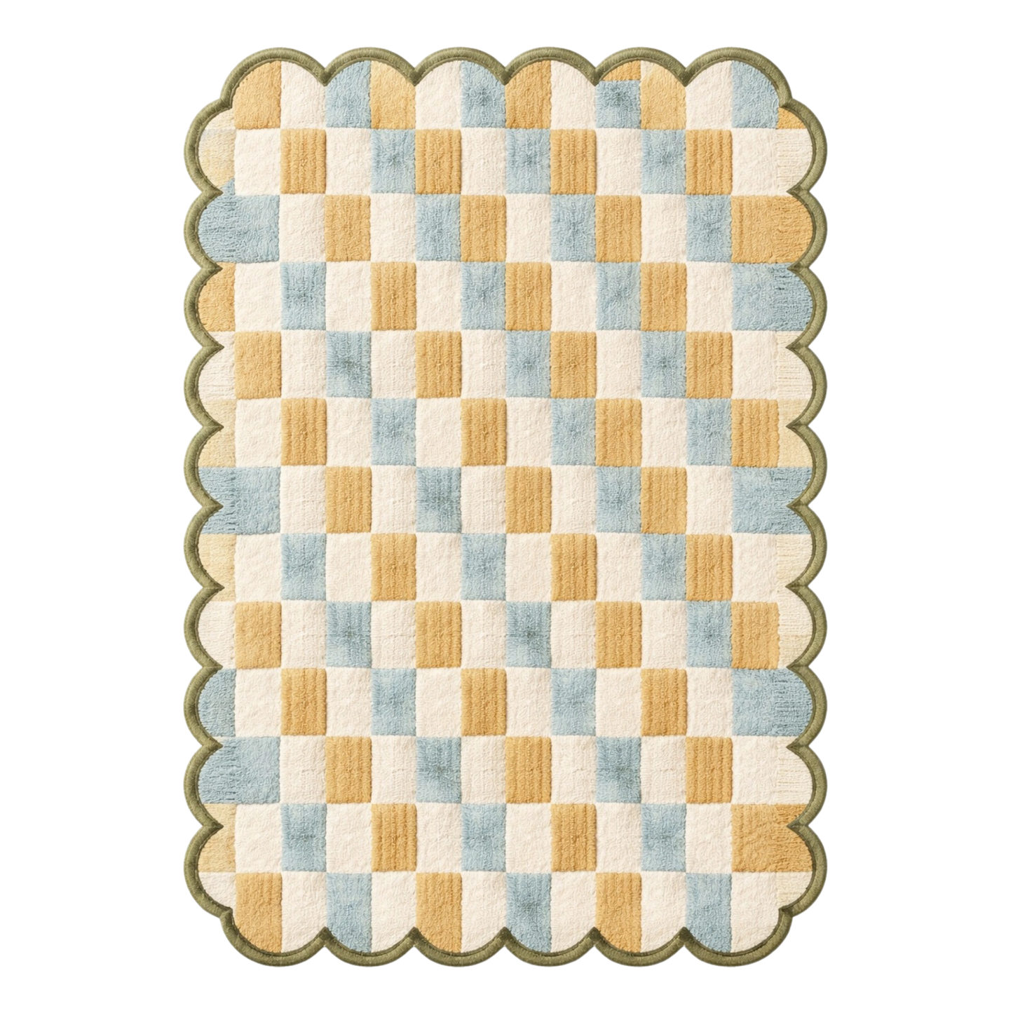 Pastel checkered scalloped hand tufted wool area rug with soft blue and mustard squares, modern decorative rug for living room and bedroom