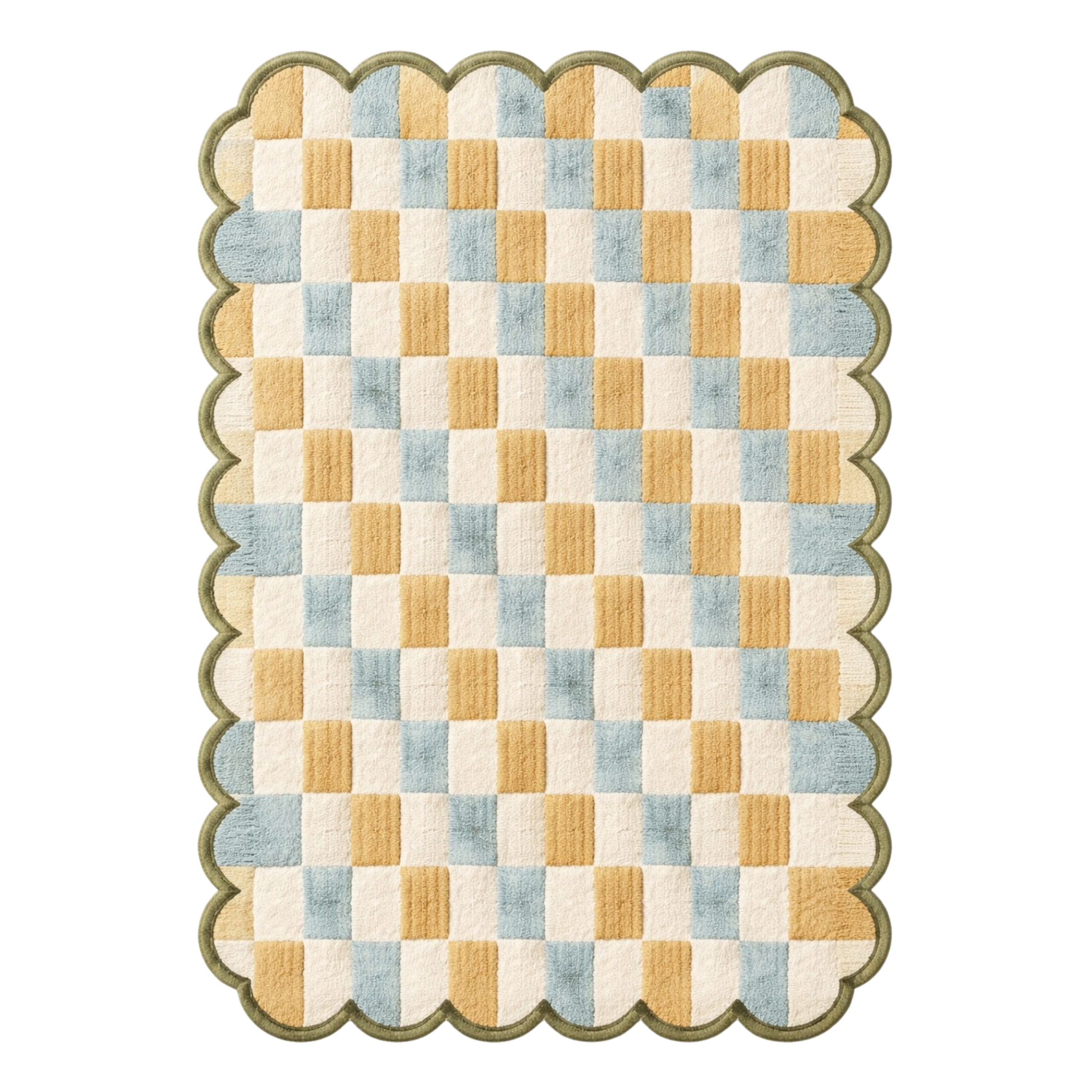 Pastel checkered scalloped hand tufted wool area rug with soft blue and mustard squares, modern decorative rug for living room and bedroom