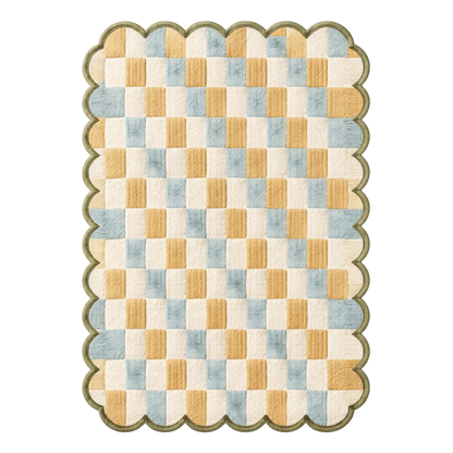 Pastel checkered scalloped hand tufted wool area rug with soft blue and mustard squares, modern decorative rug for living room and bedroom