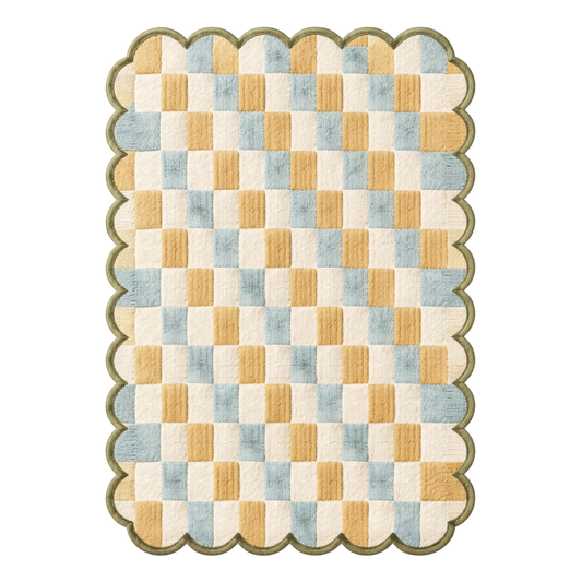 Pastel checkered scalloped hand tufted wool area rug with soft blue and mustard squares, modern decorative rug for living room and bedroom