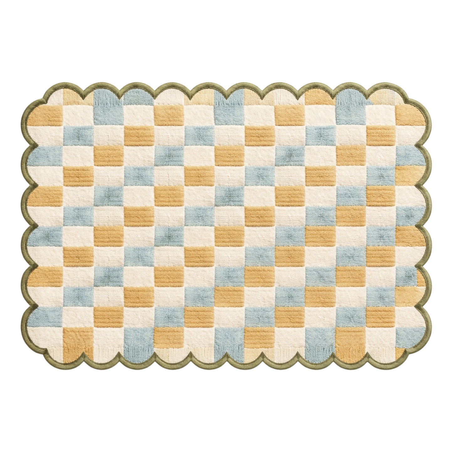 Scalloped edge checkered wool rug in pastel tones, hand tufted area rug for cozy modern interiors, nursery and bedroom decor