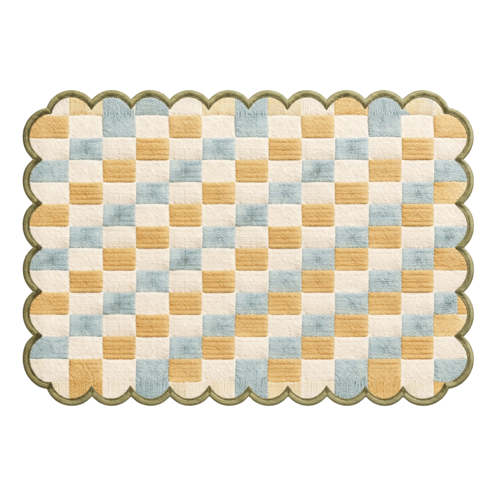Scalloped edge checkered wool rug in pastel tones, hand tufted area rug for cozy modern interiors, nursery and bedroom decor