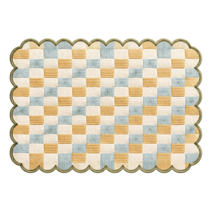 Scalloped edge checkered wool rug in pastel tones, hand tufted area rug for cozy modern interiors, nursery and bedroom decor