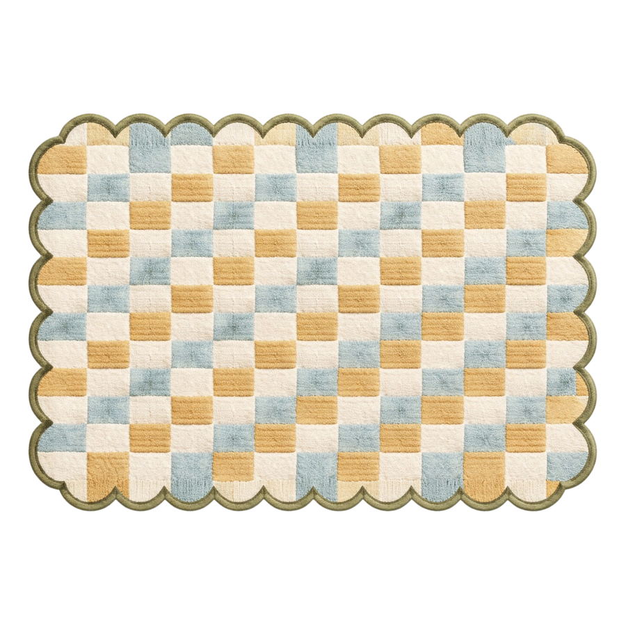 Pastel Checkered Scalloped Hand-Tufted Wool Area Rug
