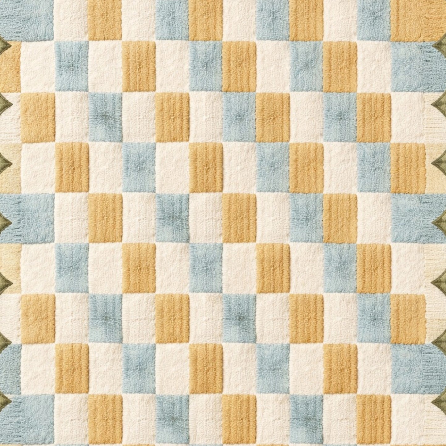 Modern pastel checkered hand tufted wool rug with scalloped border, soft textured area rug for living room, kids room and home styling