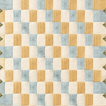 Modern pastel checkered hand tufted wool rug with scalloped border, soft textured area rug for living room, kids room and home styling