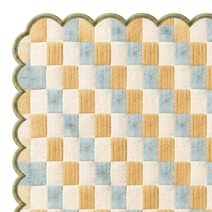 Blue and mustard checkered scalloped wool area rug, premium hand tufted rug for contemporary home decor and cozy spaces in USA homes