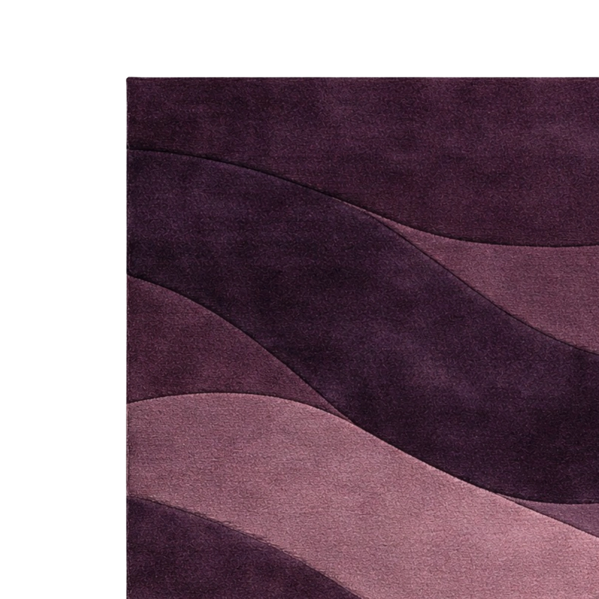 A close-up of a textured area rug featuring an abstract wavy pattern in shades of deep purple, plum, and mauve, shown against a plain white background.