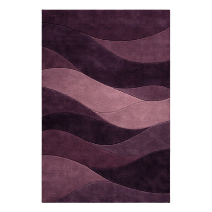 A rectangular area rug with a modern wavy, layered design in shades of deep purple, plum, and dusty rose, shown flat against a white background.
