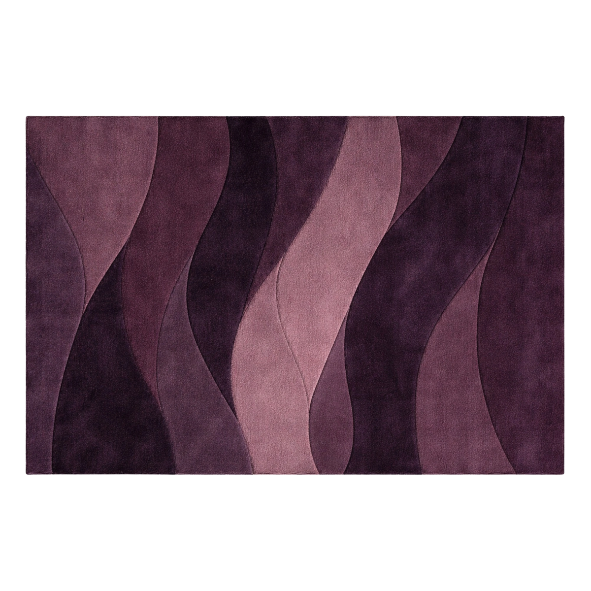 A rectangular area rug with a modern abstract design of wavy, flowing vertical stripes in various shades of purple, from deep eggplant to dusty mauve, shown against a plain white background.