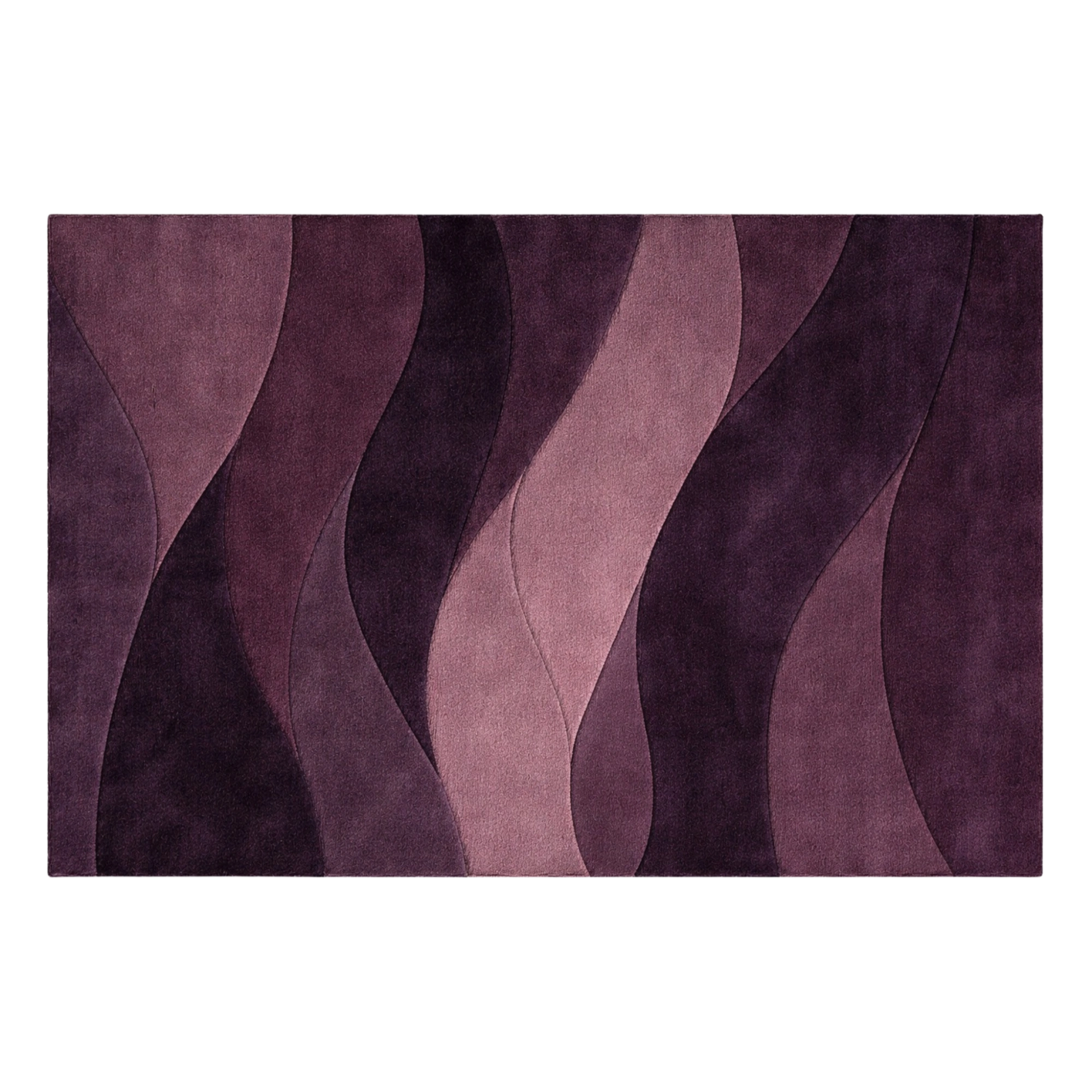 A rectangular area rug with a modern abstract design of wavy, flowing vertical stripes in various shades of purple, from deep eggplant to dusty mauve, shown against a plain white background.