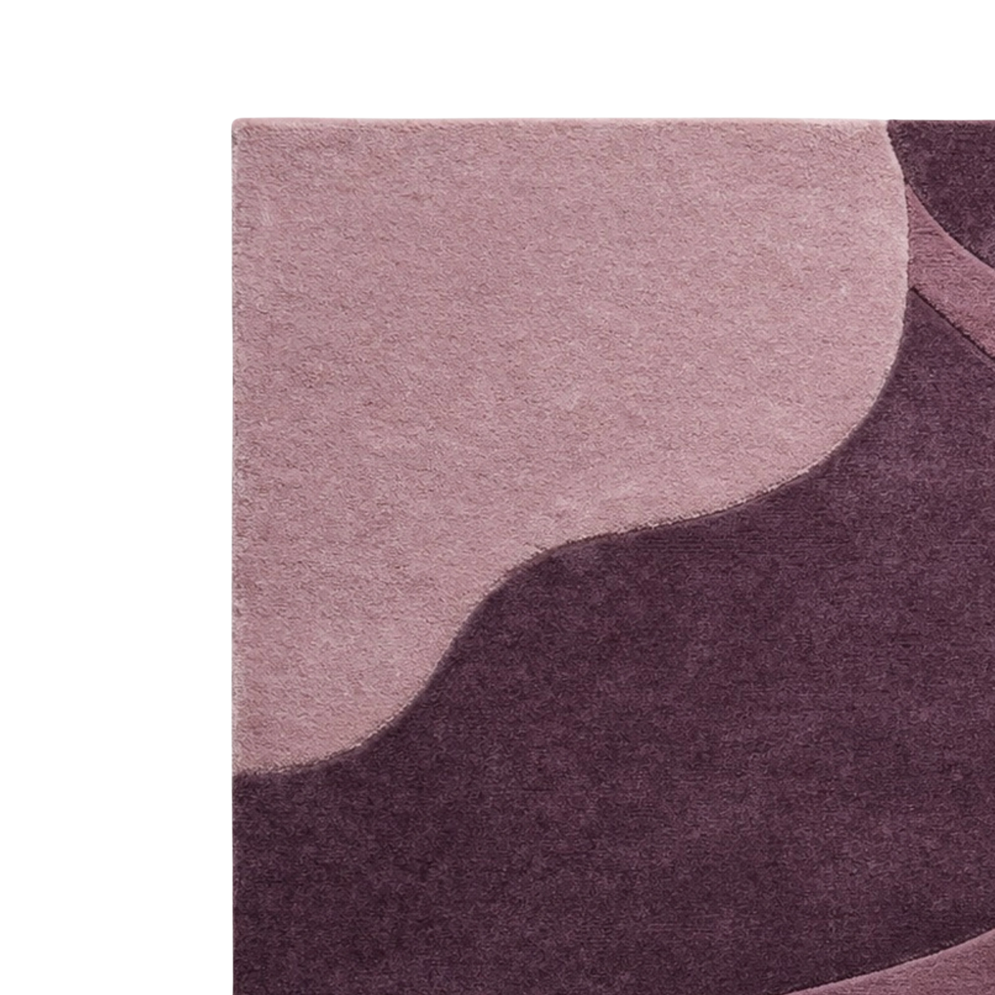 Close-up of a textured rug with an abstract wavy pattern in dusty pink and deep plum purple.