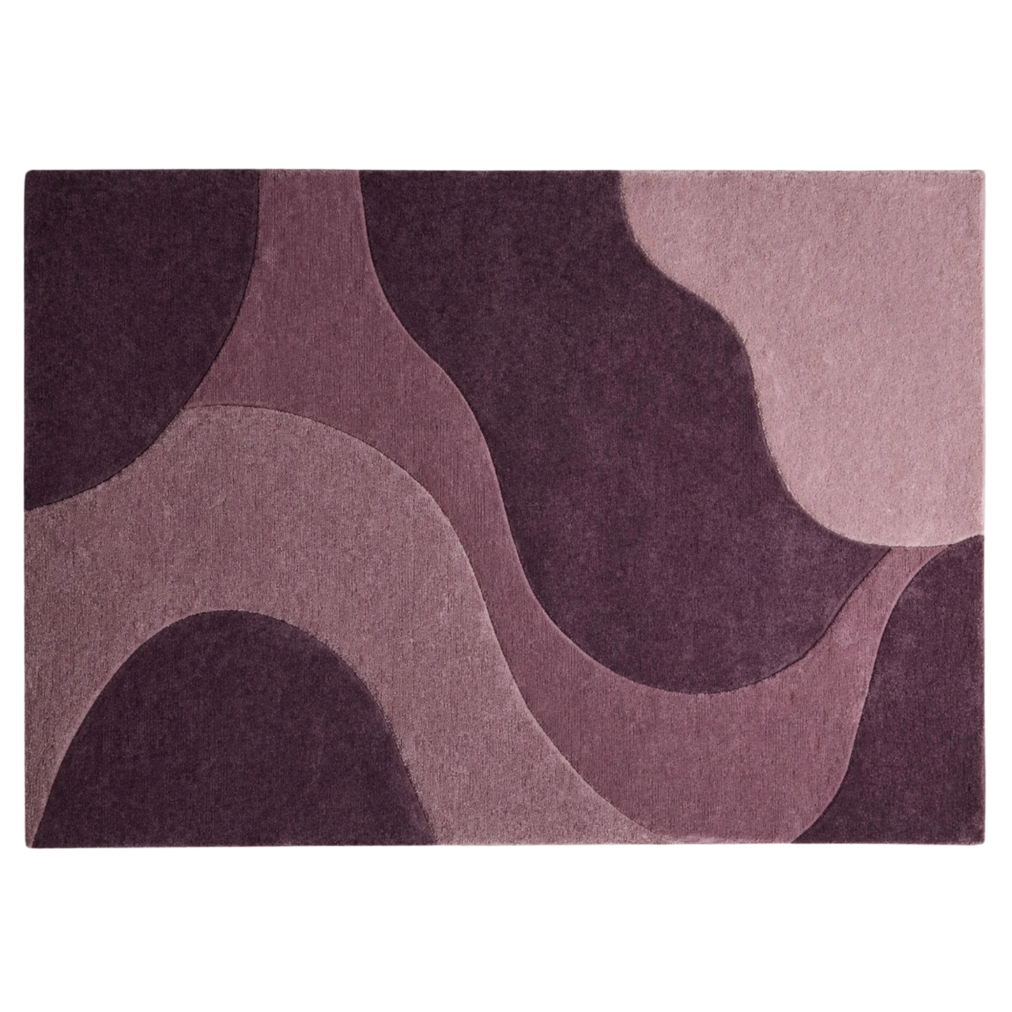 A rectangular area rug with an abstract wavy pattern in shades of purple, mauve, and dusty pink, shown flat against a white background.